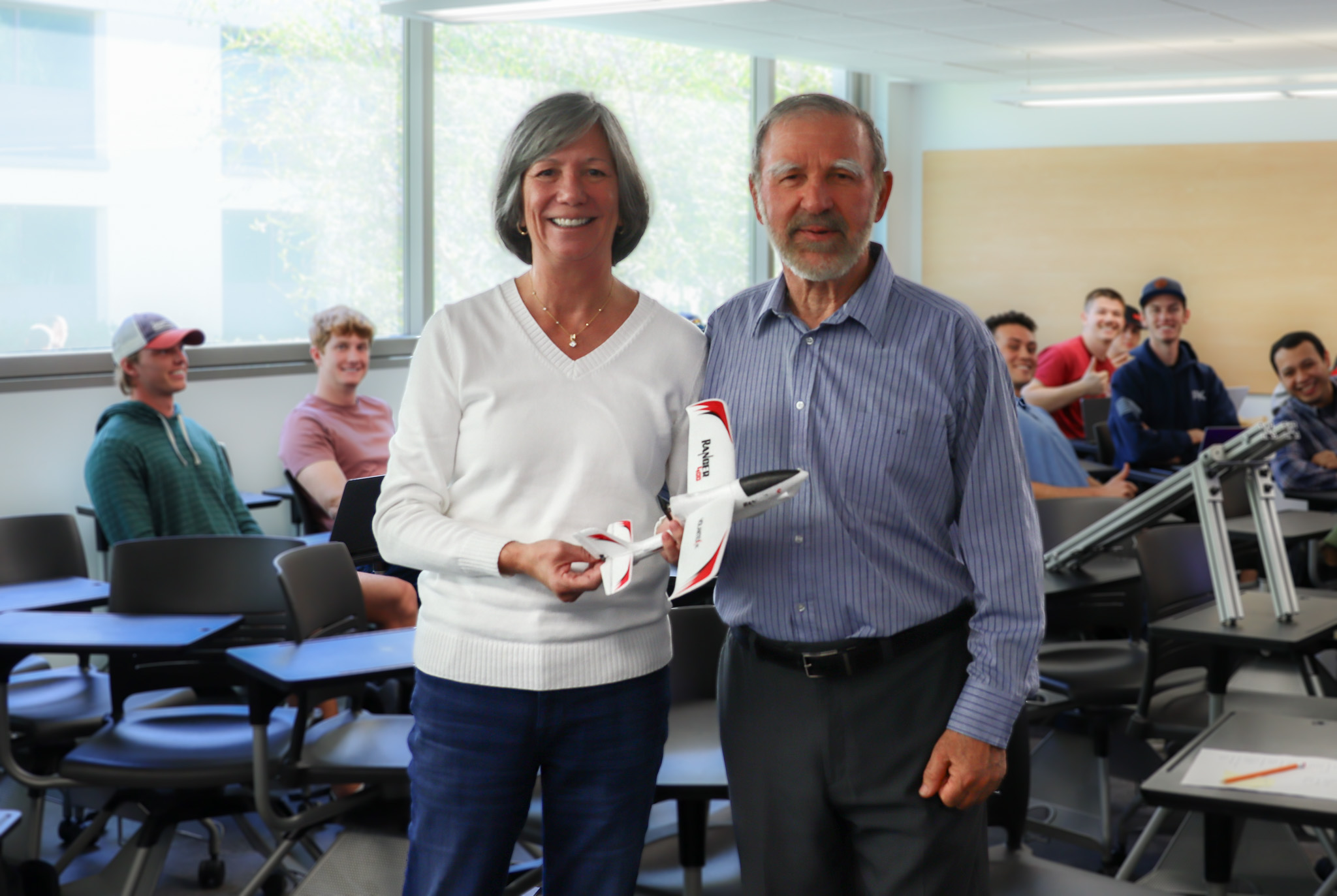 Christine Probett (left) joins Aerospace and Mechanical Engineering Professor Joseph Katz in his Senior Design class (Courtesy of Taylor Slane)