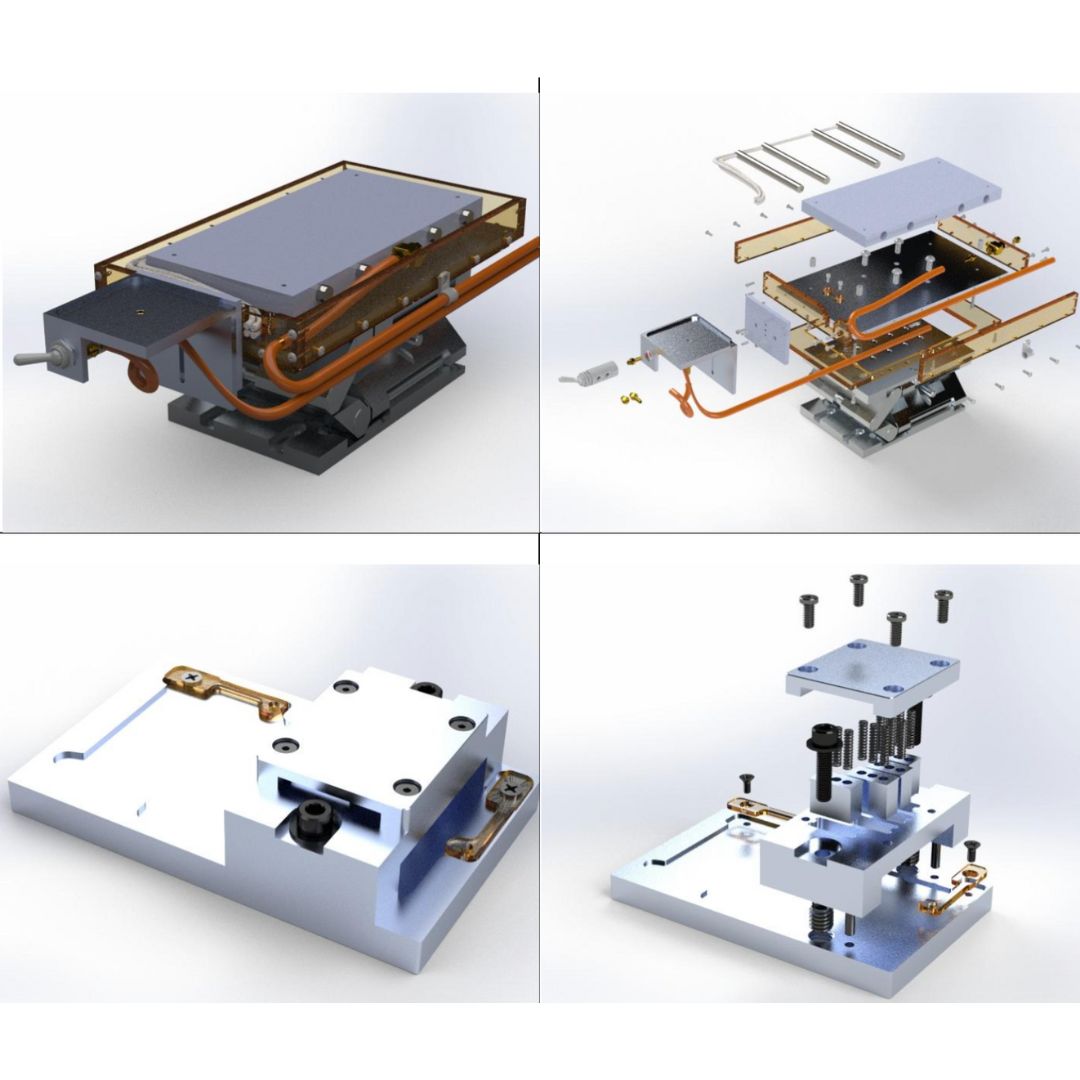 Top: This workstation required a reworking of the drawings and is used to suction down and preheat circuit boards for soldering. Bottom: The retaining finger and spring forces were calculated for this fixture to apply a constant pressure to components being attached with oven-cured epoxy sheets.