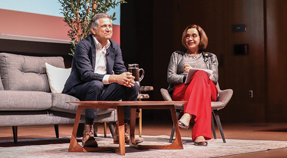 Joe Kiani (left) was SDSU President Adela de la Torre's guest for the President's Lecture Series in the Theatre at Conrad Prebys Aztec Student Union.