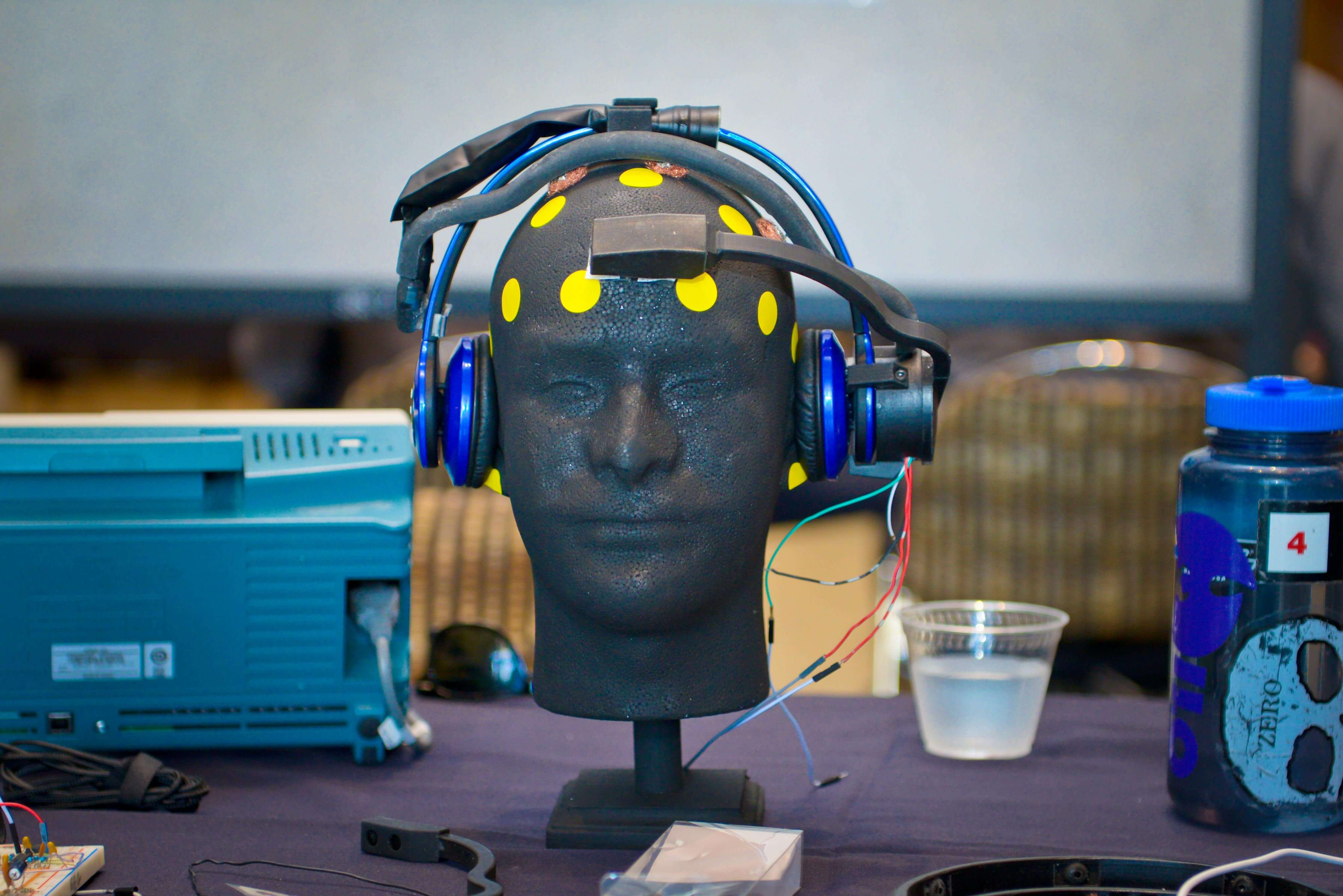Mannequin head with sensors.