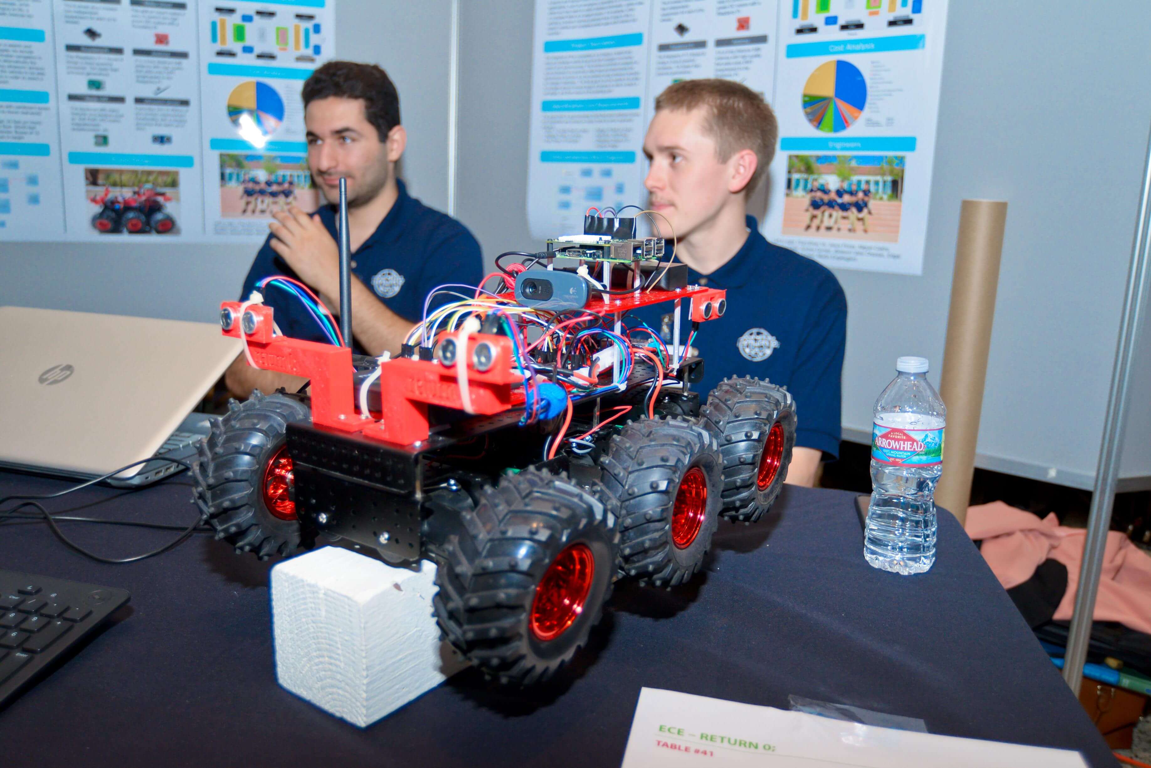 Two students sit behind their project.