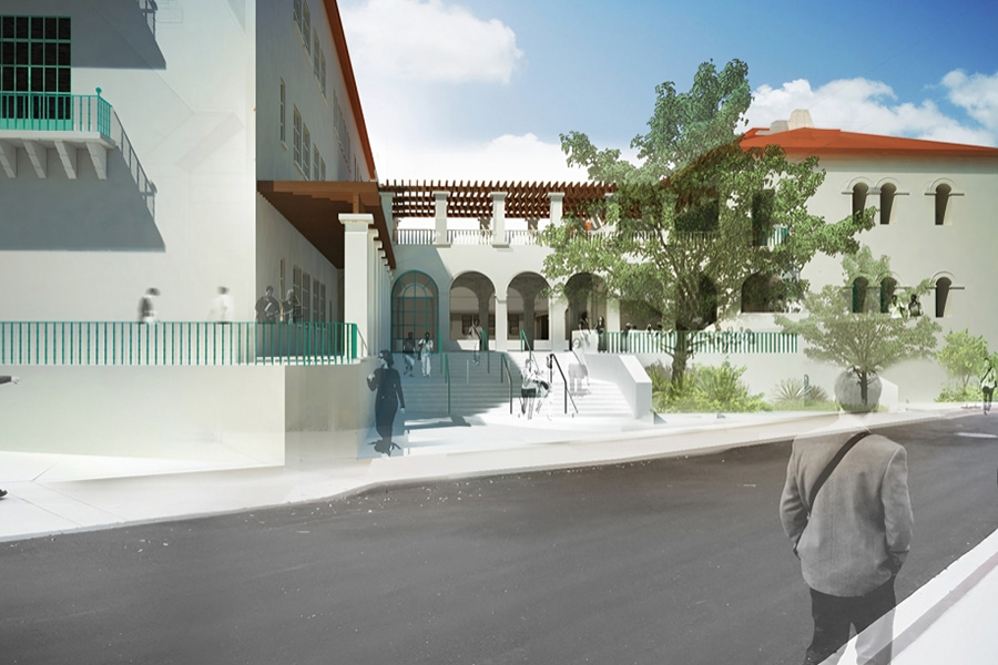Architectural rendering of the east entrance to the Engineering & Interdisciplinary Sciences Complex.