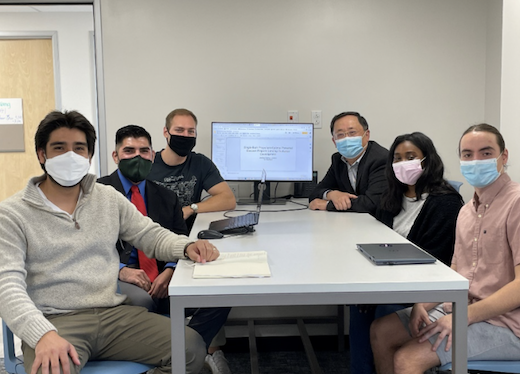 Team meeting in the Computational Guidance and Control Lab in Building-A (left to right: Sandoval, Juarez, Callan, Lu, Borders, and Davami)