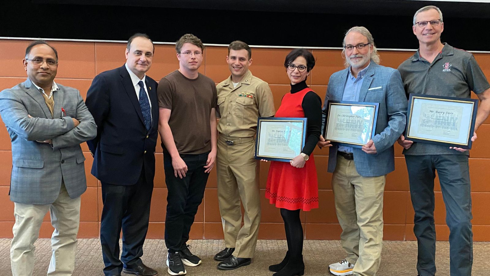 Left to Right: Dr. Satish Sharma, Interim Department Chair for Electrical and Computer Engineering, Dean Eugene Olevsky, ;SDSU ECE Junior Justin Lee, Nuclear Submarine Navy Ensign Jake Jackson, Lecturer Dr. Parsia Kaveh, Assistant Professor Dr. Chris Paolini and Lecturer Mr. Barry Dorr.
