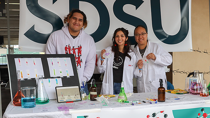 The Chemistry Graduate Student Association Demonstrating Science Experiments at the 2023 STEM Festival (SDSU Photo)