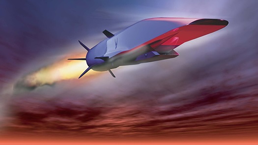 Hypersonic aircraft flying through the atmosphere with fiery exhaust trail against a dramatic sky.